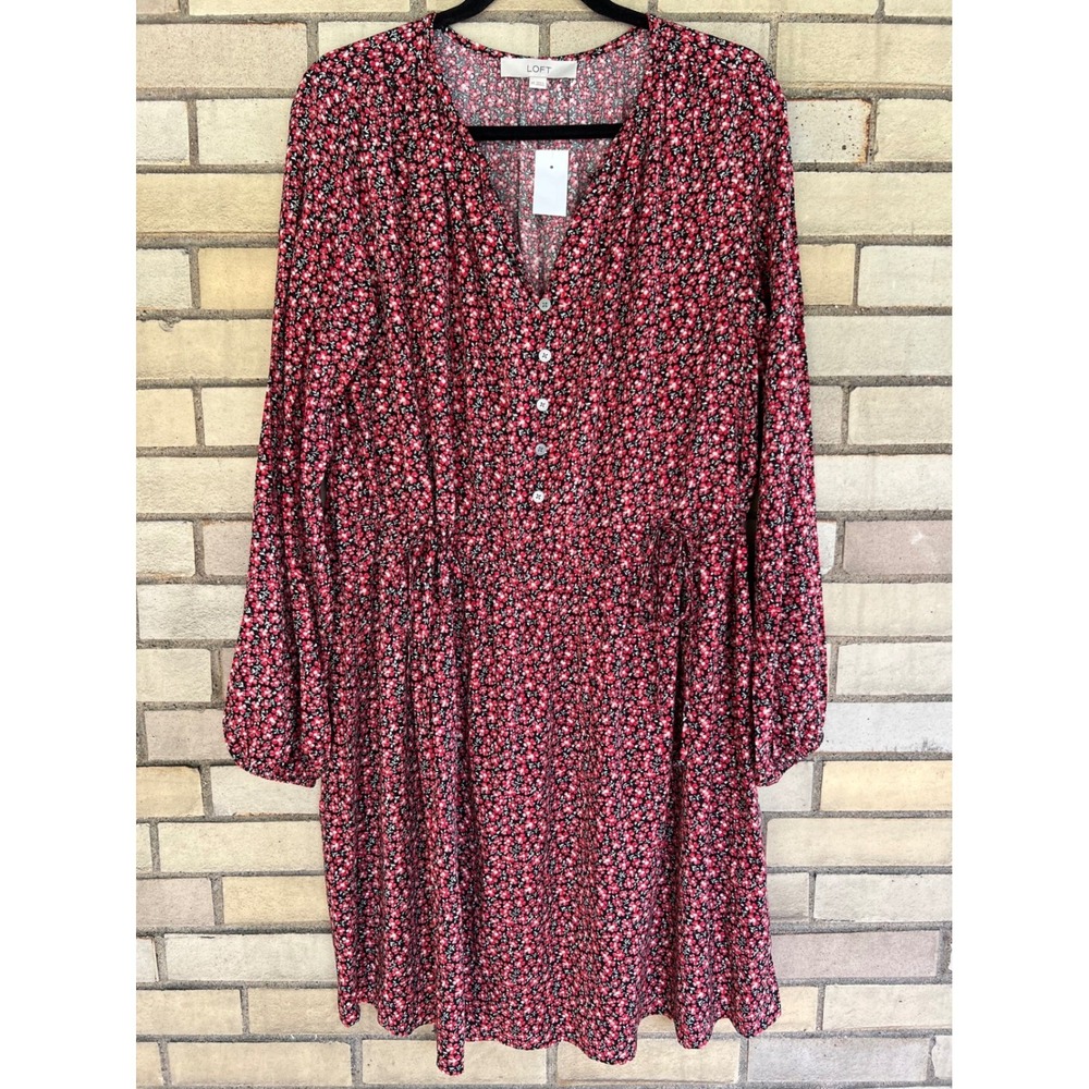 LOFT Red Floral Long Sleeve Drawstring Waist Henley Shirt Dress Medium Tall NWT